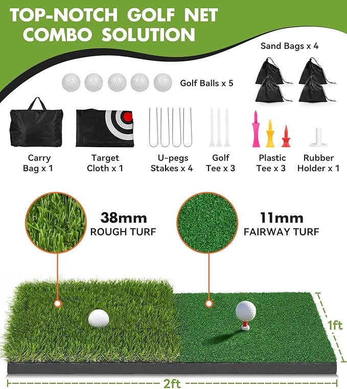Golf Net: 10x7ft Heavy Duty Golf Practice Net for Indoor/Outdoor Training, Portable Golf Hitting Net with Carry Bag, Ideal Golf Training Aid for Golfers Backyard Driving Chipping Swing (Standard)