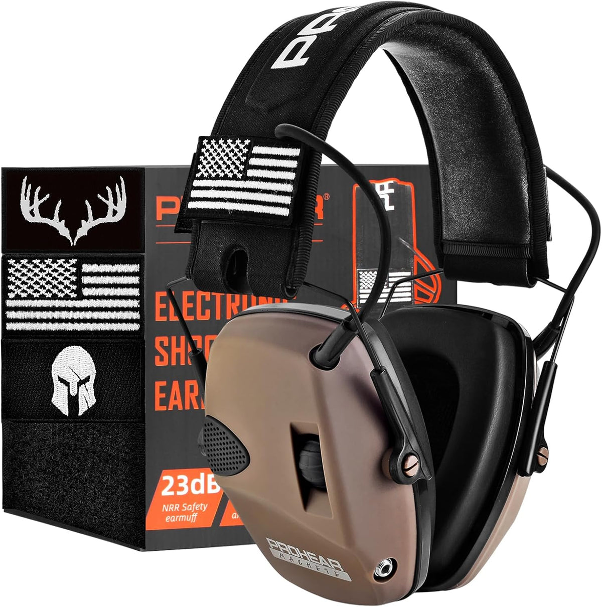 PROHEAR Electronic Ear Protection Muffs - 4X Sound Amplification & NRR 23dB Noise Reduction | Brown