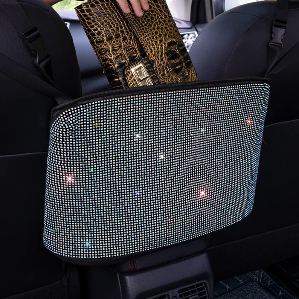 Car Net Pocket Handbag Holder Between Seat Back Organizer Storage Bag, Purse Holder for Console Front Seat Storage Barrier, Rhinestone Car Storage Organizer Between Front Seats, Multicolor