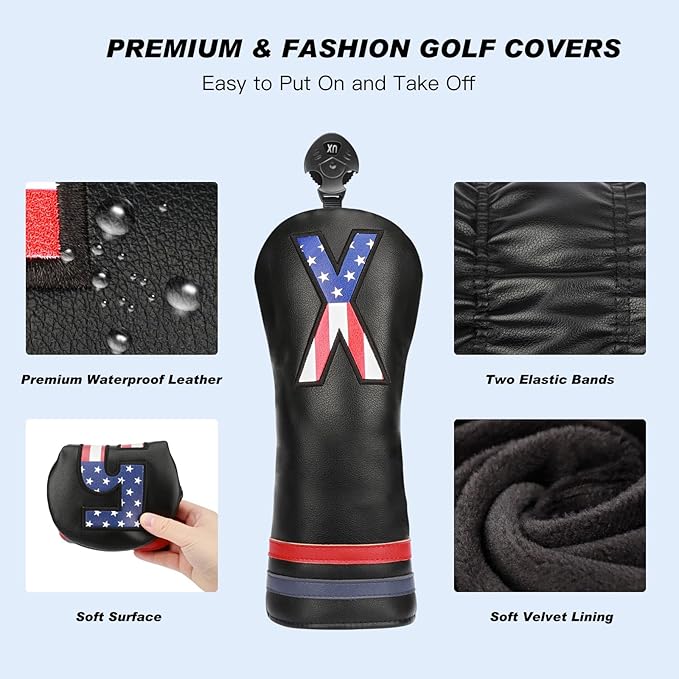 Golf Head Covers, 4pcs or 1pc USA Stars and Stripes Golf Club Covers for Woods and Driver Fairway Hybrid, PU Leather Golf Club Head Covers for Men Women with Interchangeable Tags, Fits Most Golf Clubs