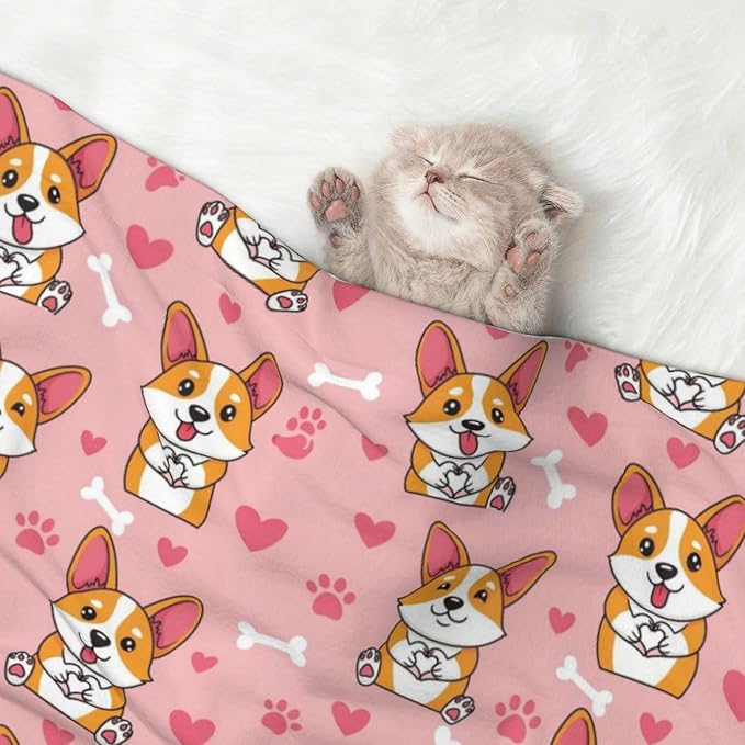 Reversible Dog Blanket for Beds Couches, Cute Happy Corgi Dog, Double Sided Cat Blanket with Textured Dot Feel and Smooth Feel for Seasonal Comfort All Year