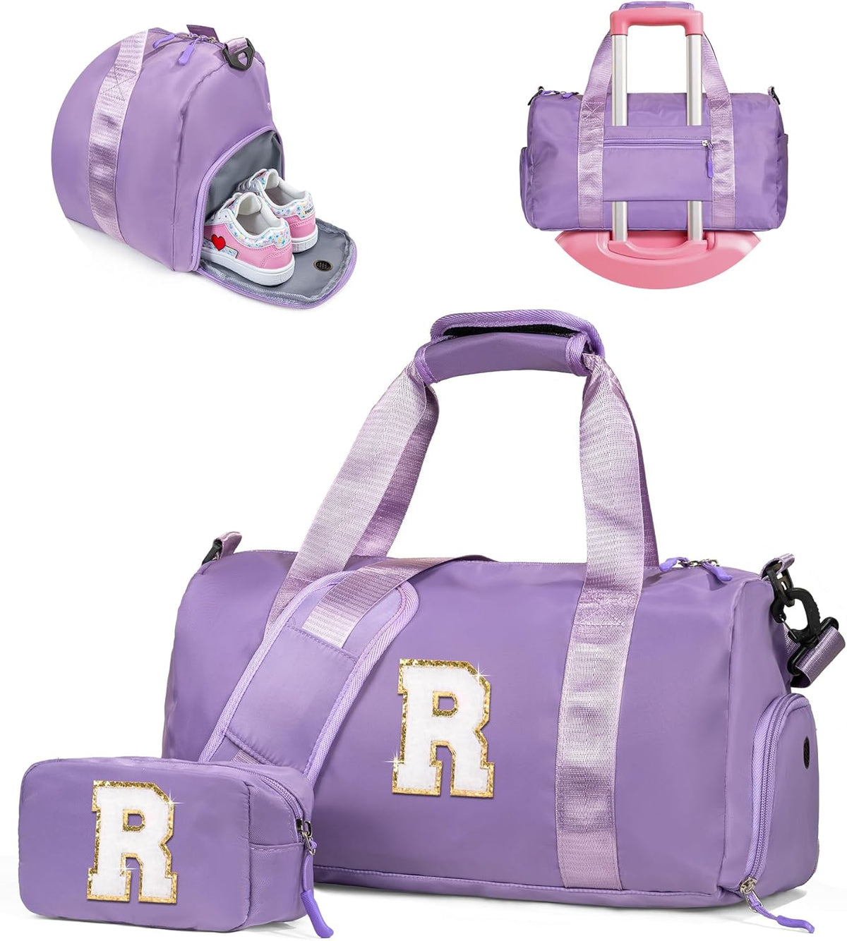 Skiennix Girl Gym Bag - Personalized Weekender Tote with Shoe Compartment & Makeup Pouch | Ideal Birthday Gift for 4-Year-Olds (Letter R)