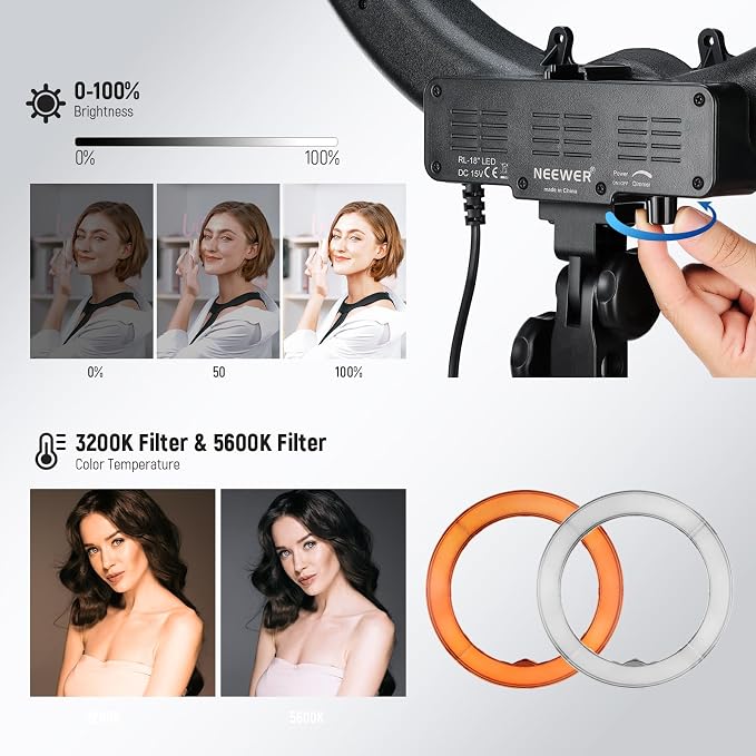 NEEWER 18" Ring Light, 58W 5500lx 5600K Dimmable CRI95 240 LEDs, Lighting