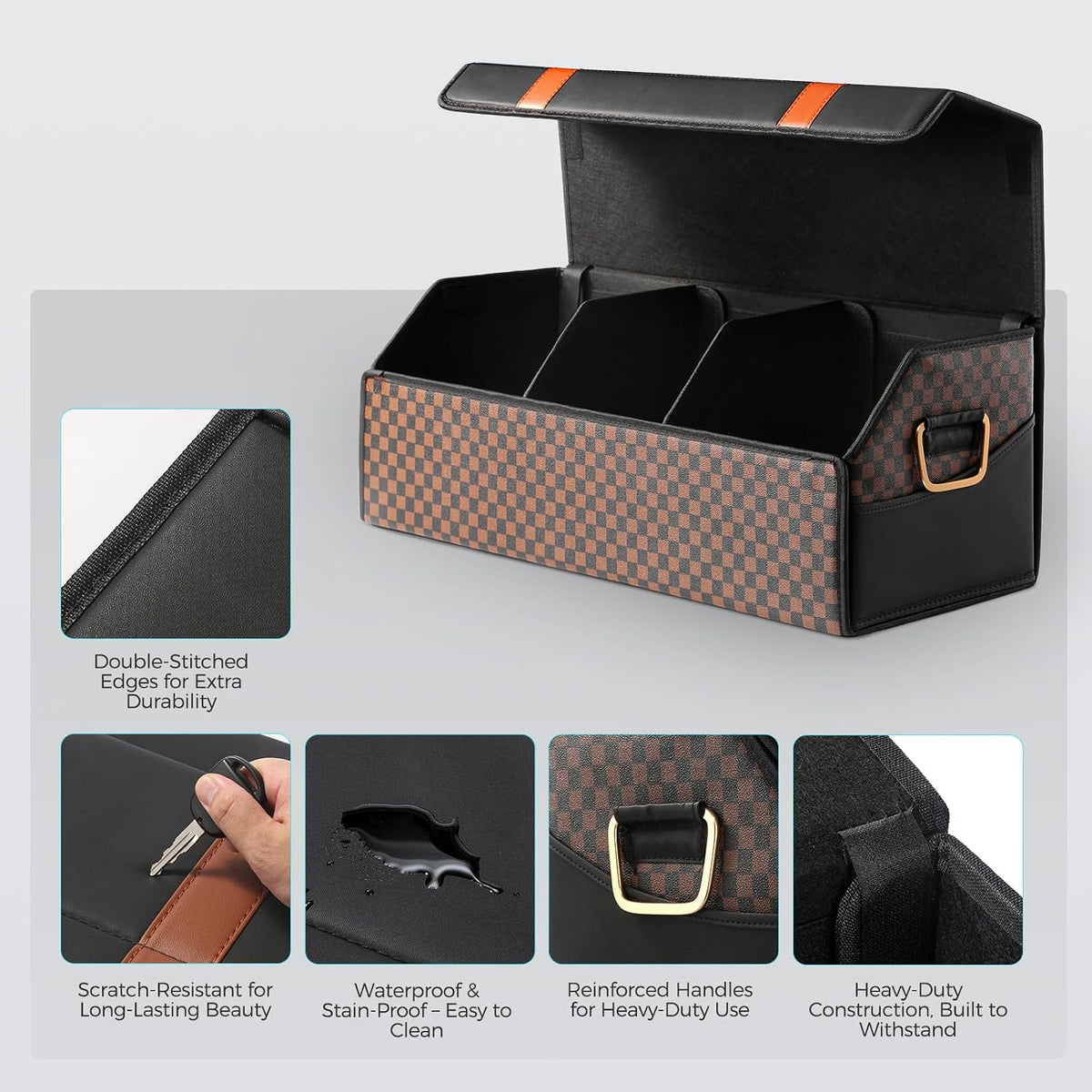 Fyzeoty Car Trunk Organizer for SUV and Sedan, Orange‑Stripe Plaid, 29.5 in