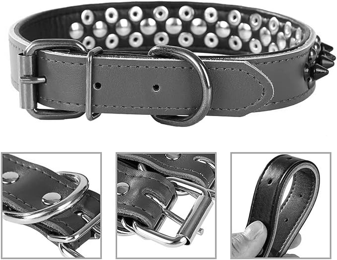 Spiked Studded Dog Collar, Genuine Leather Dog Collar, Adjustable Pet Collars for Medium Large Bulldog Pitbull Mastiff Poodle Boxer (S:27-33cm, Blue-1)