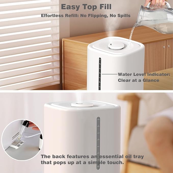 Top Fill Humidifiers for Bedroom, 4.5L Tank for Large Room, Oil Diffuser, 20dB Quiet Cool Mist Air Humidifier for Home Baby Nursery & Plants, Auto Shut-off and BPA-Free for Safety, 100H