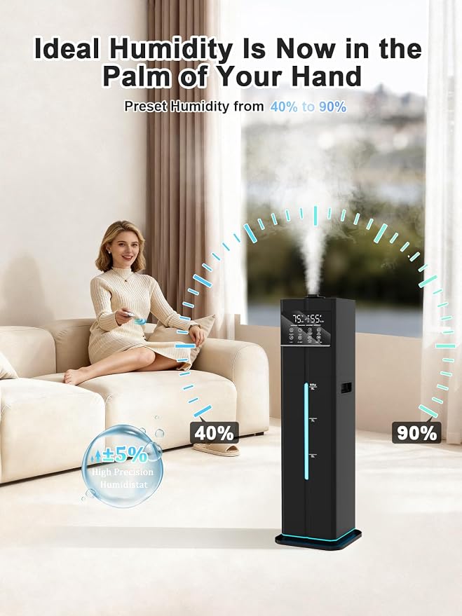 9L/2.4Gal Smart Cool Mist Humidifier, Top Fill Quiet Humidifier Large Room, Covers 550ft², App & Remote Control, 60H Runtime, 7 Colors Light, 4 Mist Modes Humidifiers for Bedroom, Office, Black