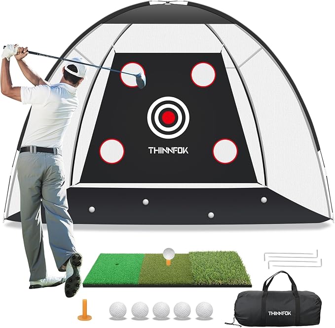 Golf Net, Golf Practice Net and Mat, 10x7FT Hitting Aids for Backyard Driving Chipping Swing Training with Noise Reduce Target Tri-Turf Mats Tees Real Balls for Indoor Outdoor, Gifts for Men Dad