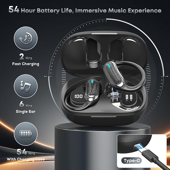 Wireless Earbuds Bluetooth Headphones, 54H Playtime Full Stereo Over Ear Buds with ENC Noise Cancelling, LED Power Display, IPX7 Waterproof Sport Earphones with Earhooks for Running/Workouts Black