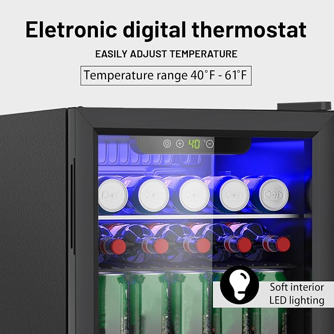 Compact 95 Can/2.6Cu.Ft Mini Fridge, Reversible Glass Front Door | For Soda, Beer or Wine, Portable Small Beverage Refrigerator with Digital Display & Removable Shelves for Office, Dorm, Bar