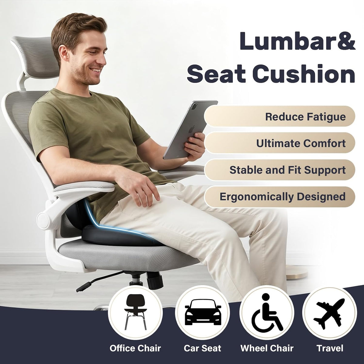 Coverado Memory Foam Car Seat Cushion and Lumbar Support Pillow for Driving Seat, Ergonomic Design Soft and Breathable PU Leather, High Density Memory Foam for Neck & Lower Back Pain Relie