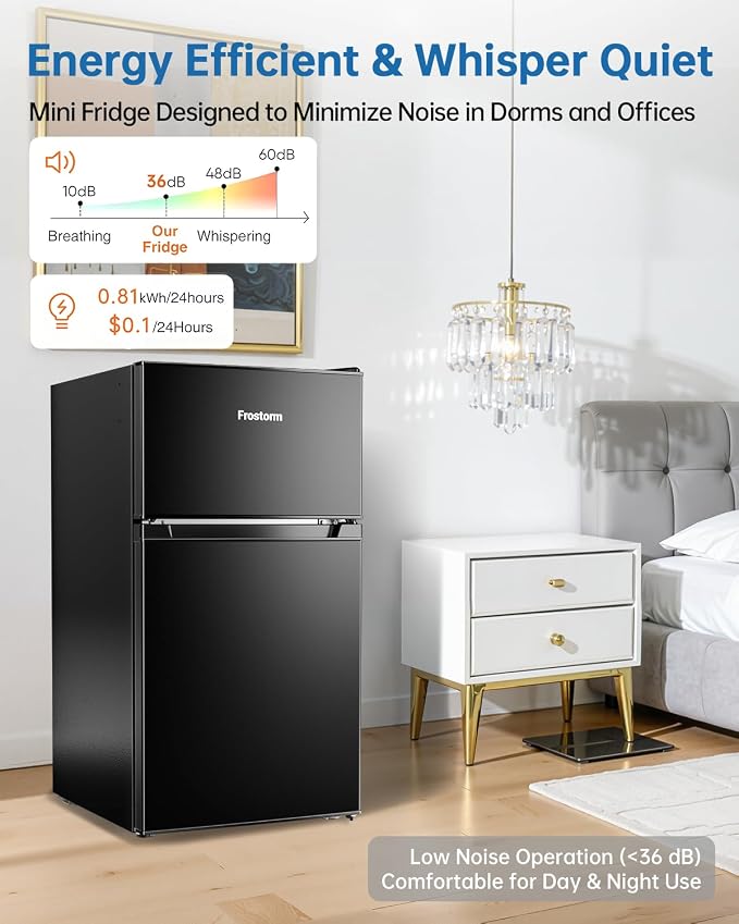 3.2 Cu Ft Mini Fridge with Freezer, Double Door Upright Freezer | Energy Efficient, Glass Shelves, Interior Light, ETL Certified, Compact Small Refrigerator for Bedroom, Office & Dorm, Black
