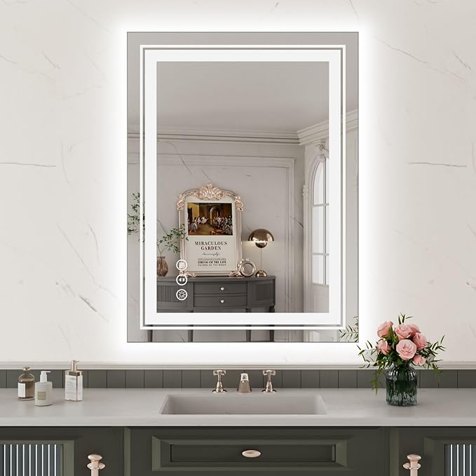 WTTY LED Bathroom Mirror with Backlit and Front Light, 24" X 31.5" Stepless Dimmable LED Mirror for Bathroom,Anti-Fog Lighted Bathroom Vanity Mirror Modern for Wall,Memory Function,Shatter-Proof