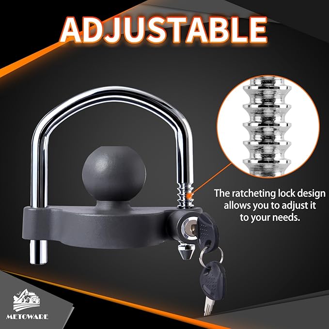 METOWARE Trailer Coupler Lock Universal Adjustable Heavy-Duty Steel Trailer Hitch Lock, Anti Theft Trailer Ball Lock Towing Lock for Towing Caravan Trailer Security Fits 1-7/8",2”, 2-5/16" Coupler