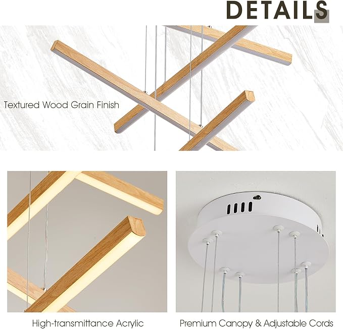Linear Pendant Light for Dining Room Oak Wood Grain Finish LED 4 Light