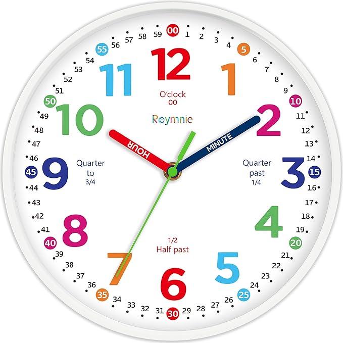 Roymnie12 Inch Wall Clock for Kids Learning to Tell Time Easily Analog Non