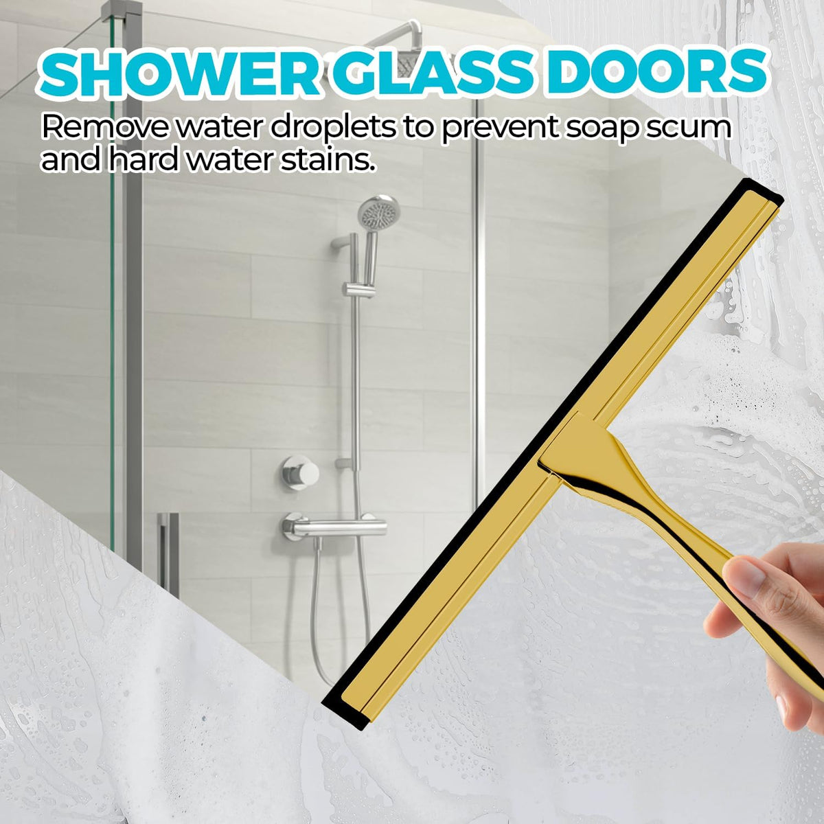 ALFLOD 12" Shower Squeegee for Glass Doors, Tile Walls, Car Windows, Gold | Bathroom accessories, new home essentials, silicone blade, metal handle, adhesive hook, household tool, multipurpose cleaner