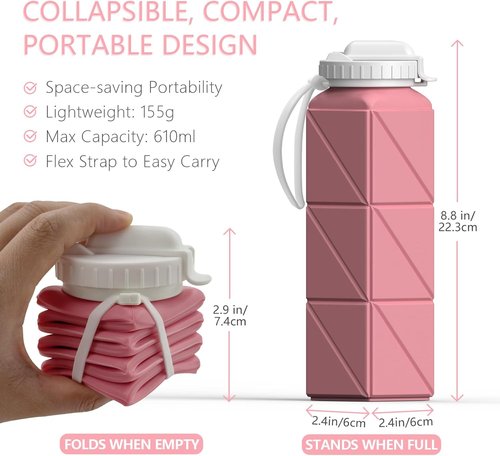 Beautail Collapsible Water Bottle - 20.6oz Silicone Portable Design | BPA-Free & Leakproof (Pink)