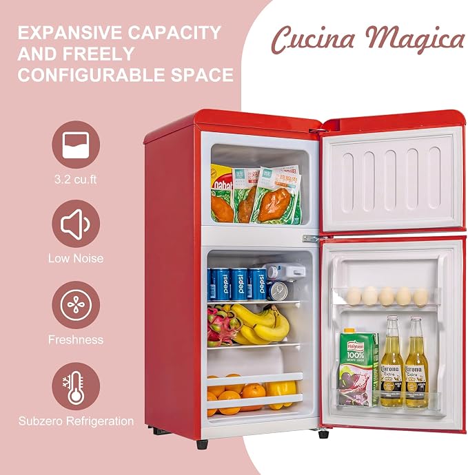 Mini Fridge with Freezer, 3.2 Cu.Ft Retro Double Door Refrigerator with 7 Level Thermostat, Adjustable Removable Glass Shelves for Bedroom Office Apartment Dorm Bar (RED, 3.2 Cu.Ft.)
