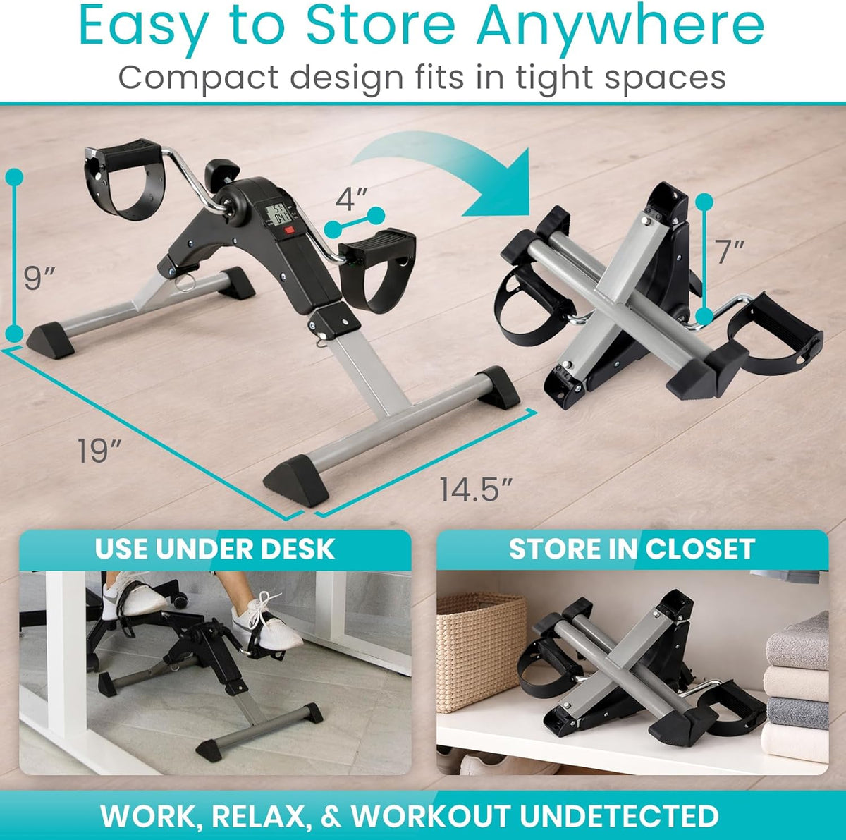 Vive Folding Pedal Exerciser - Under Desk Exercise Bike for Seniors | Mini Stationary Peddler with LCD Display