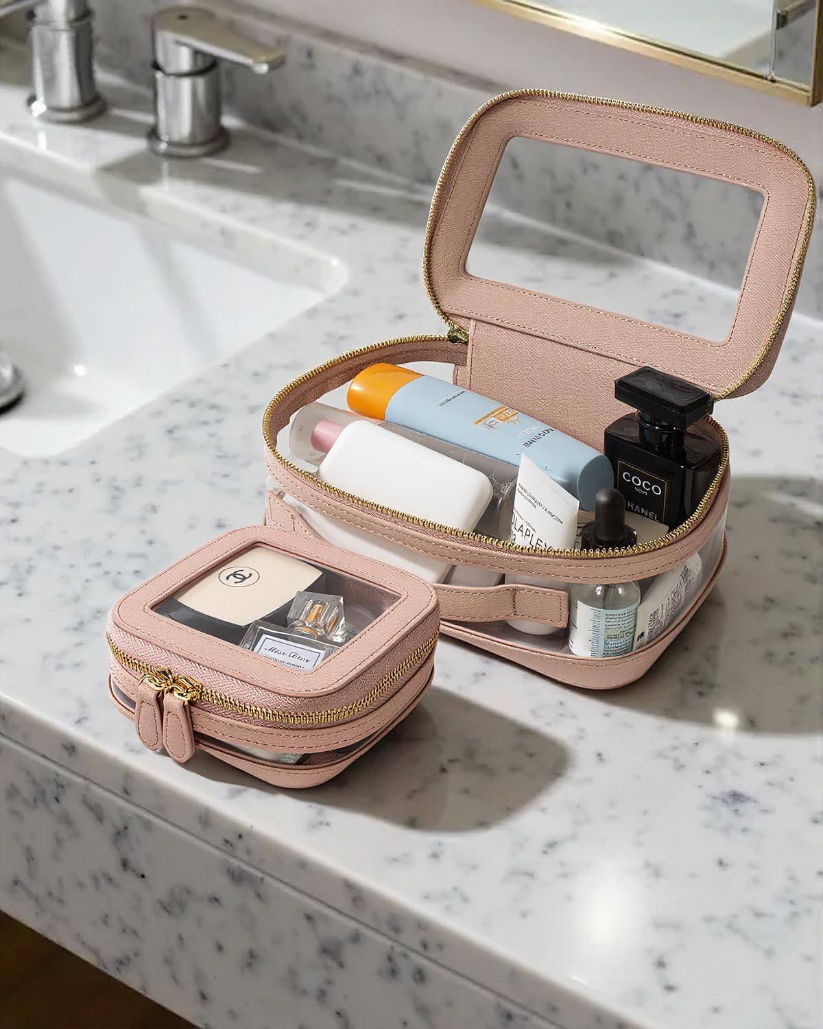 Clear Makeup Bag Small, Mini Portable Clear Makeup Bag for Purse Cute Waterproof Travel Cosmetic Case Makeup Pouch TSA Approved Toiletry Bag Women Traveling Car Organizer Car Essentials