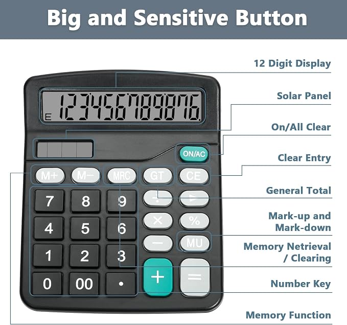 Desktop Calculator with Big Buttons, Dual Power Source, Solar and Battery