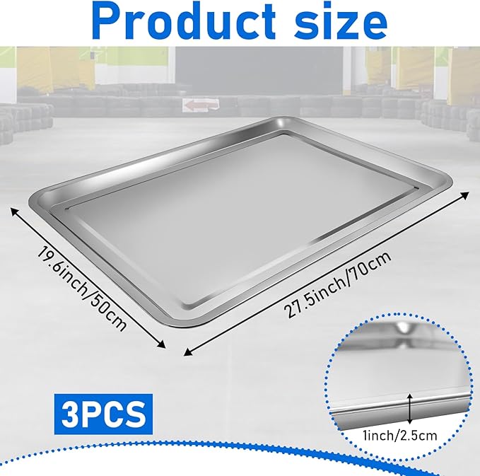 3Pcs Stainless Steel Oil Drip Pan- 27.56 x 19.69 Inch Oil Drip Tray for Under Car Silver Rust Resistant Drip Tray ,Oil Catch Pan Replacement Tray to Keep Garage Floor Show Room Driveway Safe and Clean
