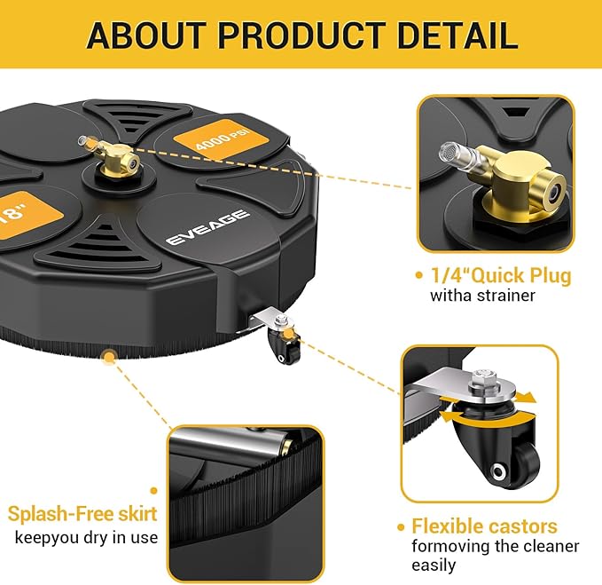 EVEAGE 18 Inch Large Size Pressure Washer Surface Cleaner Attachment with Wheels, 4000 PSI Power Washer Accessory with 1/4" Quick-Connect,2 Extension Wand for Driveways Sidewalks Patios Cleaning