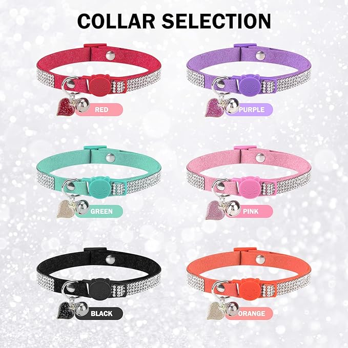 Rhinestone Cat Collar Breakaway with Bell, Diamond Cat Collar with Safety Buckle Quick Release for Girl Boy Small Kitten Pets Puppy,Cute Soft Female Male Cat Collars, Color Purple 8-12"