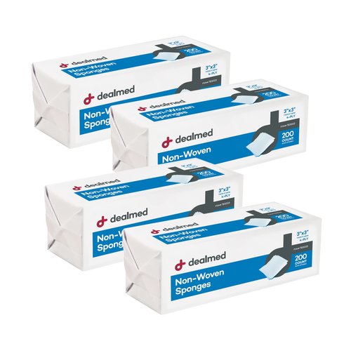Dealmed 3" x 3" Non-Woven Gauze Sponges (200 Count) 4-Ply All-Purpose Non-Sterile Absorbent Dental Gauze Wound Care Product for First Aid Kit/Medical Facilities (Pack of 4)