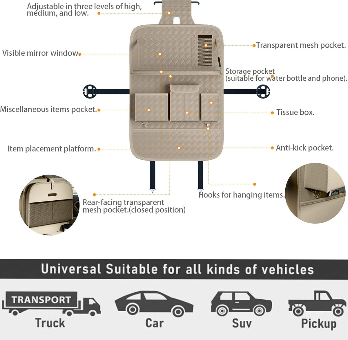 XDV Car Seat Organizers,Multi-functional Back Seat Protectors, Storage Pouches, and Tray Holders (for Cars, Kids, Seat Back and Rear Seats) (Woven Beige, 2 Pcs)