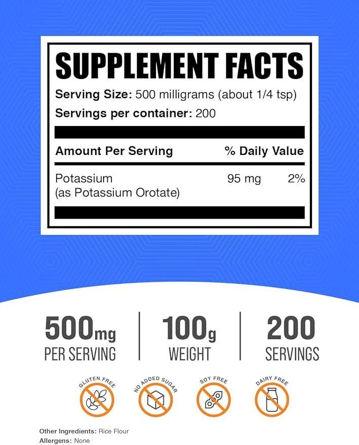 BulkSupplements.com Potassium Orotate Powder - Potassium Supplement, Potassium Orotate 500mg, Potassium Powder - Gluten Free, 500mg (95mg Potassium) per Serving, 100g (3.5 oz) (Pack of 1)