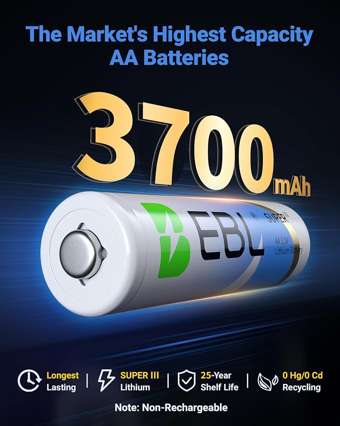 EBL Lithium AA Batteries 12 Pack, Longest Lasting 3700mAh 1.5V Non-Rechargeable
