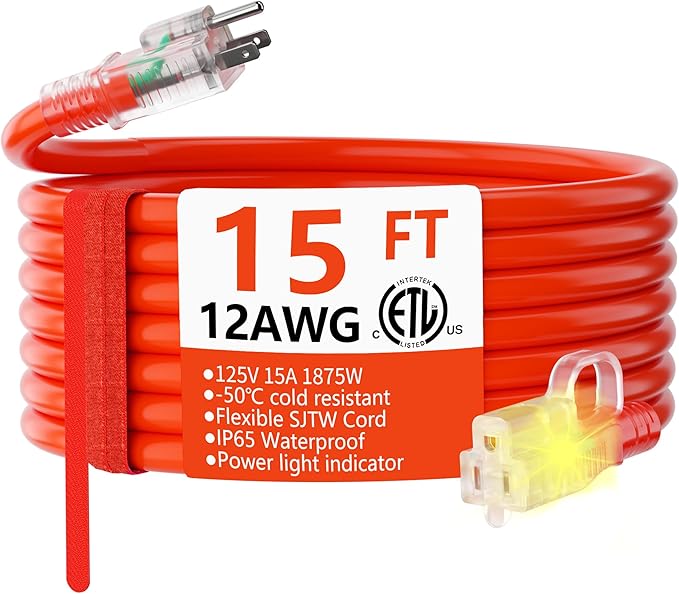 HUANCHAIN 12/3 Gauge Heavy Duty Outdoor Extension Cord 15 ft Waterproof with Lighted end, Flexible Cold-Resistant 3 Prong Electric Cord Outside, 15Amp 1875W 12AWG SJTW, Orange, ETL