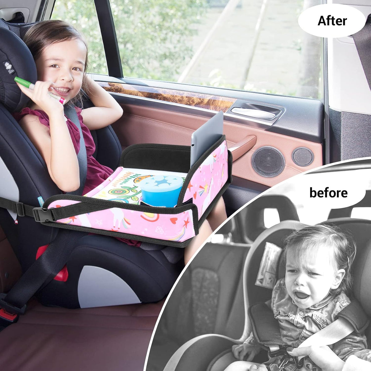 COOLBEBE Kids Travel Tray for Car Seat & Airplane, Pink Unicorn, 2-Pack