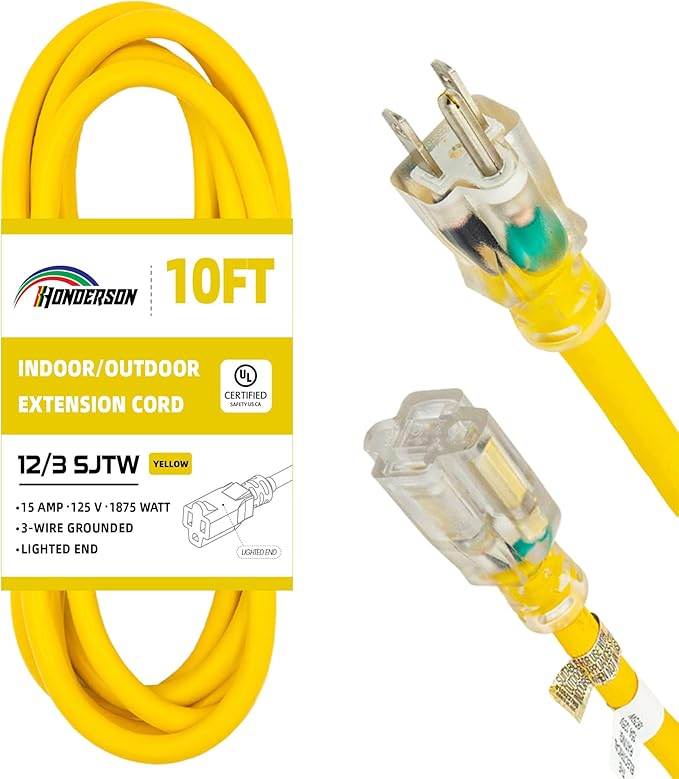 Indoor Outdoor Extension Cord Weatherproof with Lighted End, UL Listed, 12 Gauge 10FT Yellow 3 Prong Heavy Duty, 12/3 SJTW 15A Power Cord for Outdoor Lights, Lawn