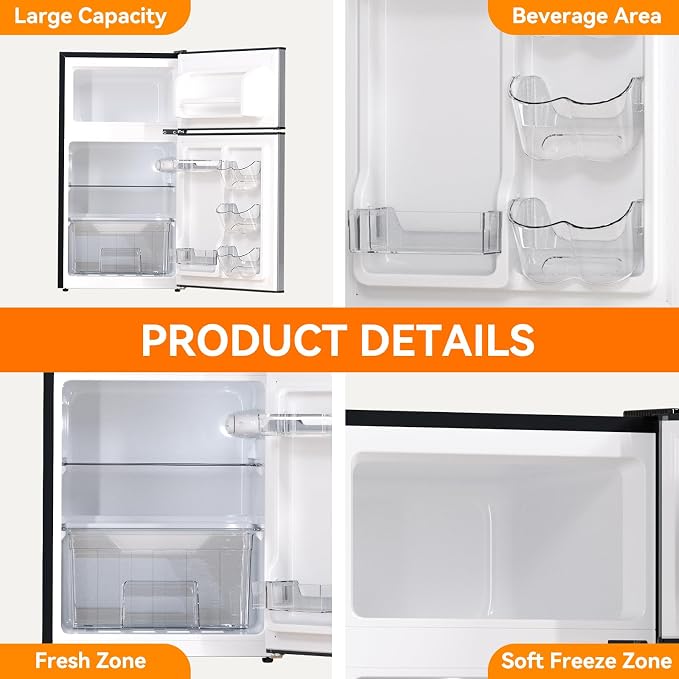 Mini Fridge with Freezer 3.2 Cu.Ft. 2 Door Refrigerator and Freezer Small Fridge for Bedroom Home Office Dorm, Small Drink Chiller, Adjustable Thermostat,37 dB Low Noise, Stainless Steel