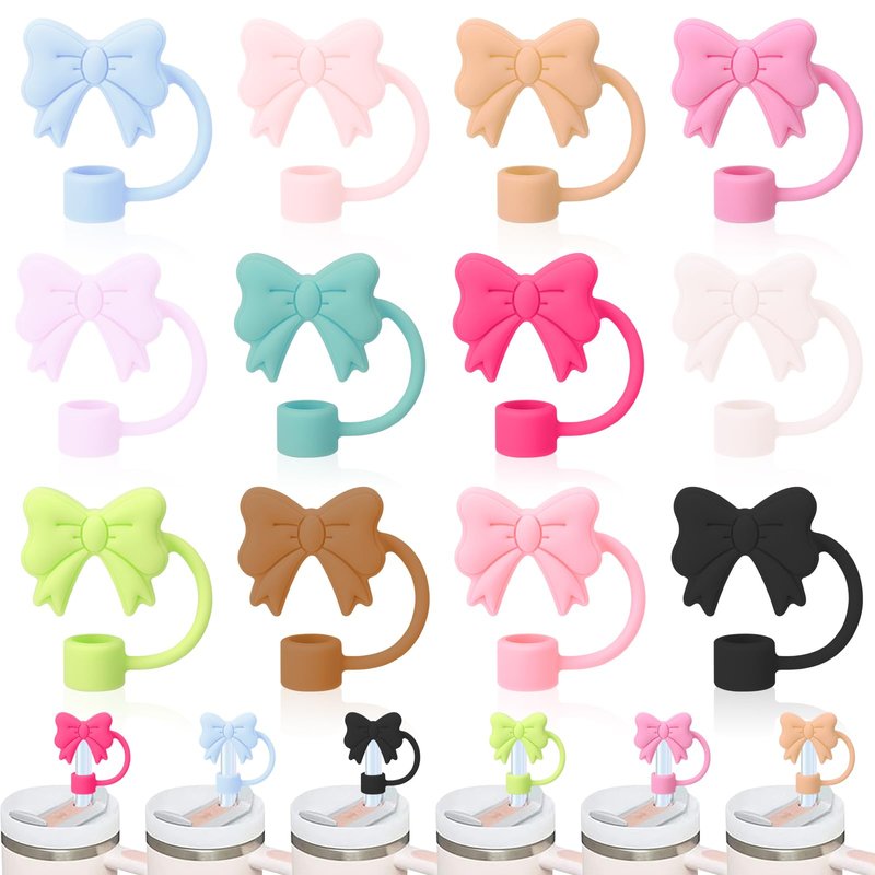 XLSXEXCL 12 Pcs Big Bow Straw Toppers Cover Caps Compatible with Stanley Cup Silicone Cute Reusable Straw Toppers for Cups 30&40 Oz Tumbler Accessories 10mm Colorful