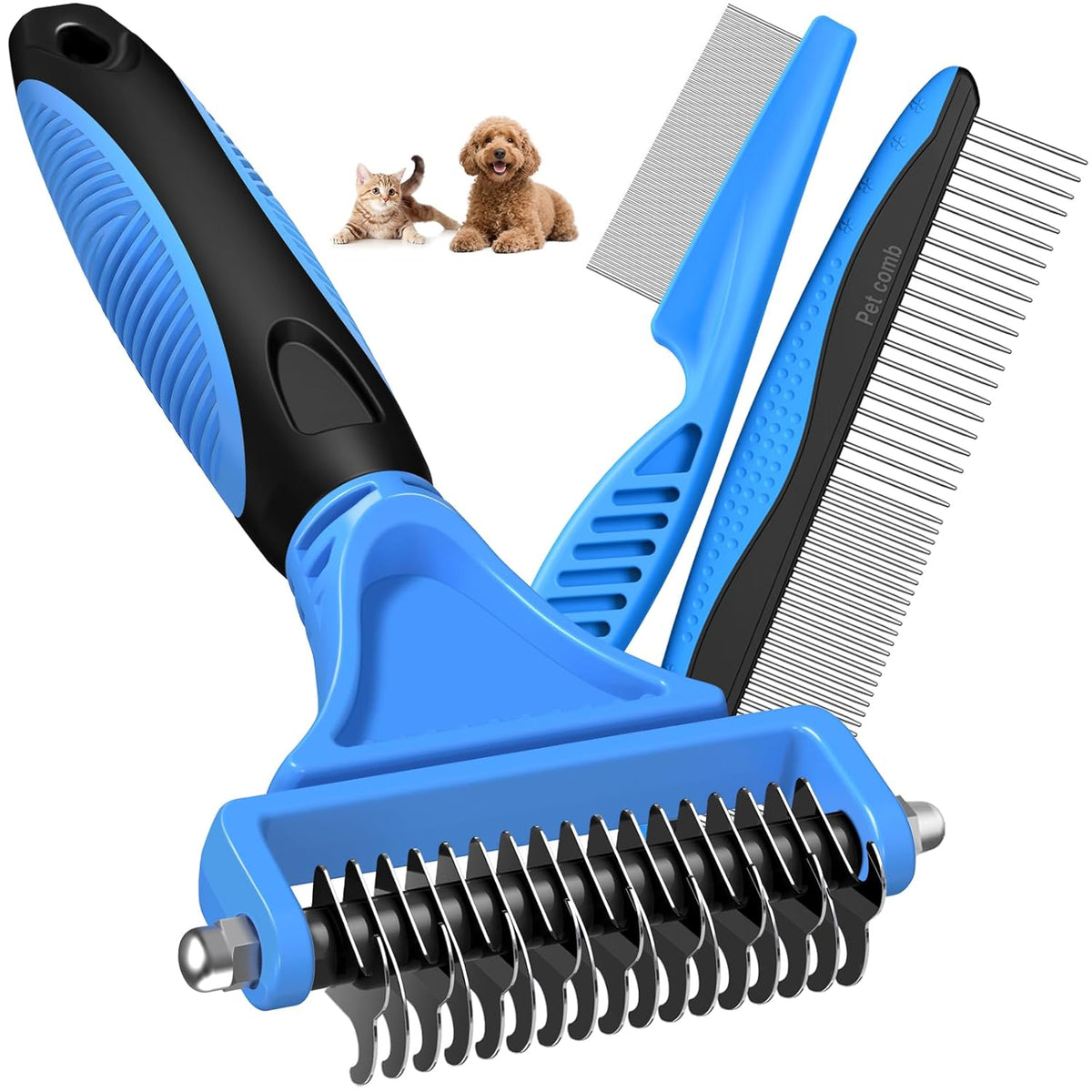 Skiennix Pet Grooming Set - 3PCS Double-Sided Rake, Metal Comb & Flea Comb for Cats & Dogs | Extra-Wide Deshedding Tool (Blue)