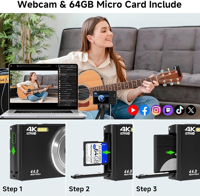 Digital Camera, FHD 4K 44MP Digital Camera, 16X Digital Zoom, Digital Point and