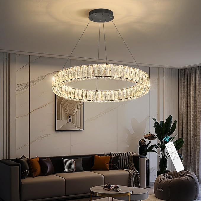 HAIXIANG Modern Crystal Chandelier Dimmable LED Ring Pendant Lights Adjustable