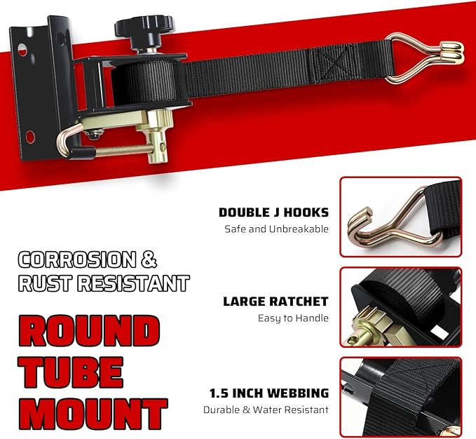 Black Rack Straps with J-Hook (4PK),1.5" x7.5' Ladder Rack Ratchet Straps, 2" Round Tube Mount, Perfect Ladder Rack Tie-Downs for Trailer Cargo Control