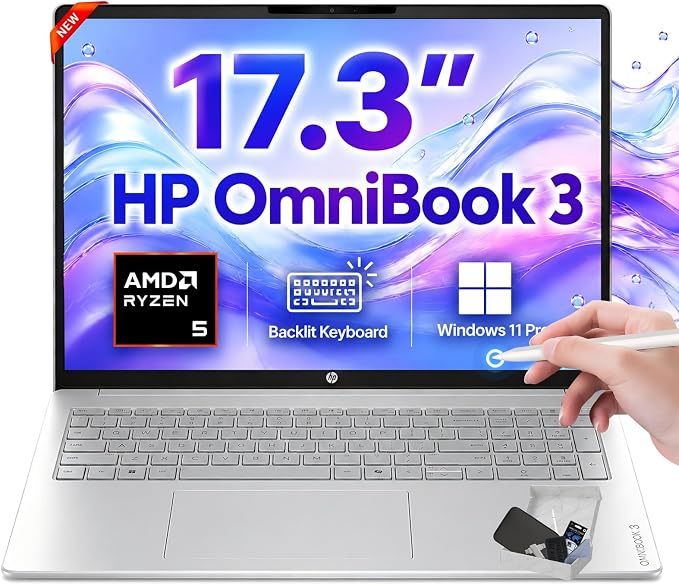 HP OmniBook 3 17.3" Touchscreen Laptop, AMD Ryzen 5 130 Processor (Up to 4.55 GHz), 32GB RAM, 1TB SSD, FHD IPS Display, Backlit Keyboard, Windows 11 Pro, Radeon 660M Graphics, Wi-Fi 6, Copilot+ PC