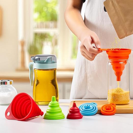 KALAVE Kitchen Funnel Set 6 Pack - Food Grade Silicone Collapsible Funnel, Funnels for Kitchen Use Filling Bottles, Daily Cooking, and Water or Powder Transfer. (Multicolor)