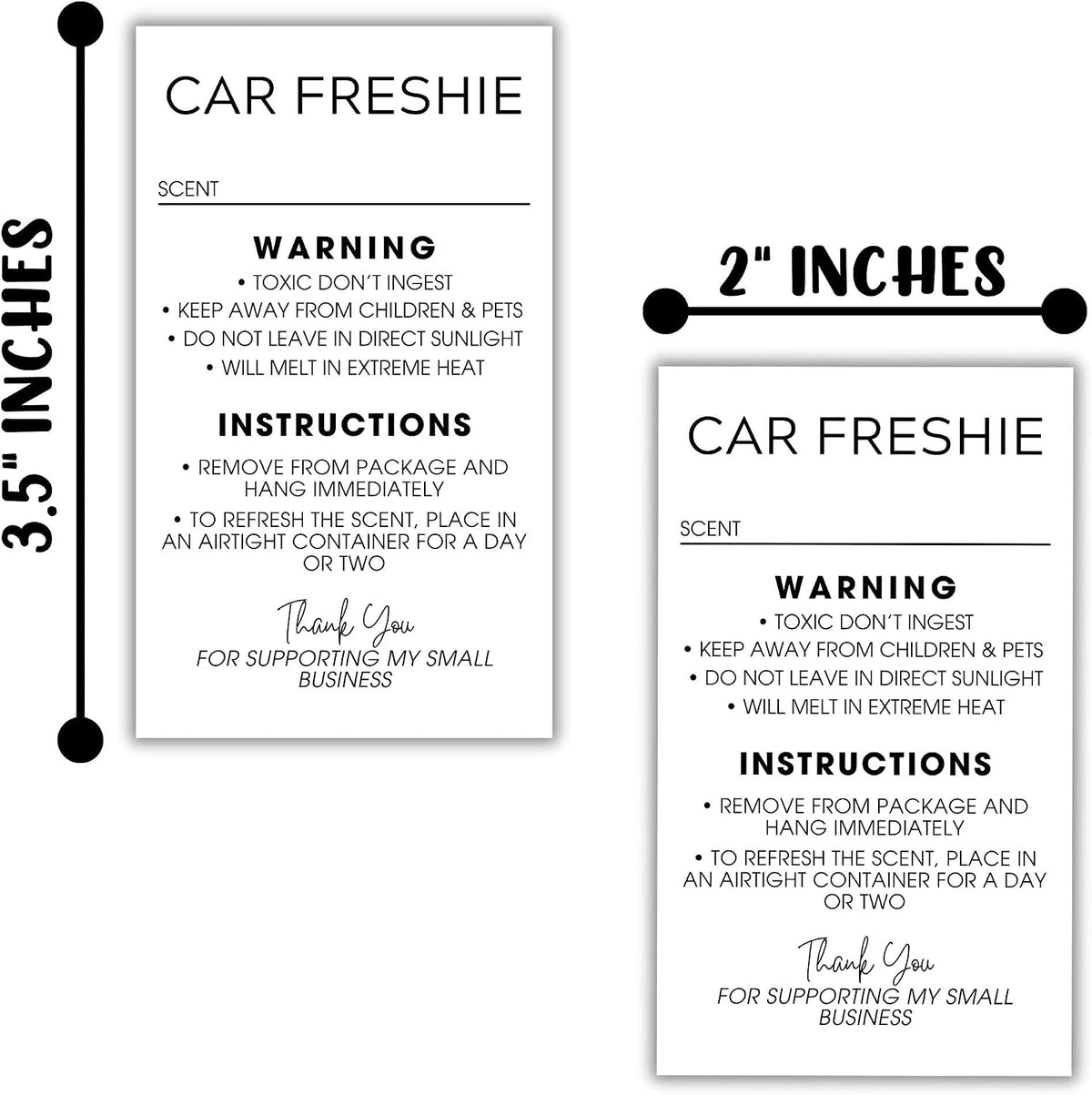Freshie Care Instructions and Warning Labels Stickers | 2x3.5” 250 pc Roll Car Air Freshener Cards Inserts for Holographic Bag Package Write in Scent