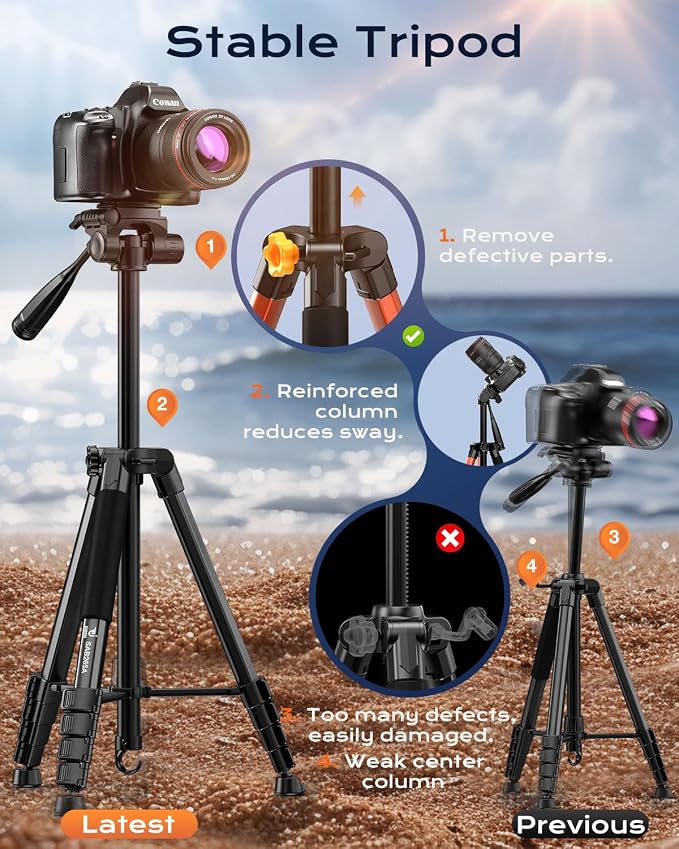 73" Camera Tripod for Camera and Phone, Aluminum Travel Tripod for iPhone