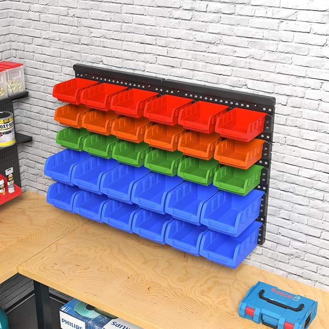 Wall Mounted Storage Bins Parts Rack 4 Colors Garage Plastic Shop Tool Organizer, ABS Plastic Garage Rack, Screw Storage 30 Bins