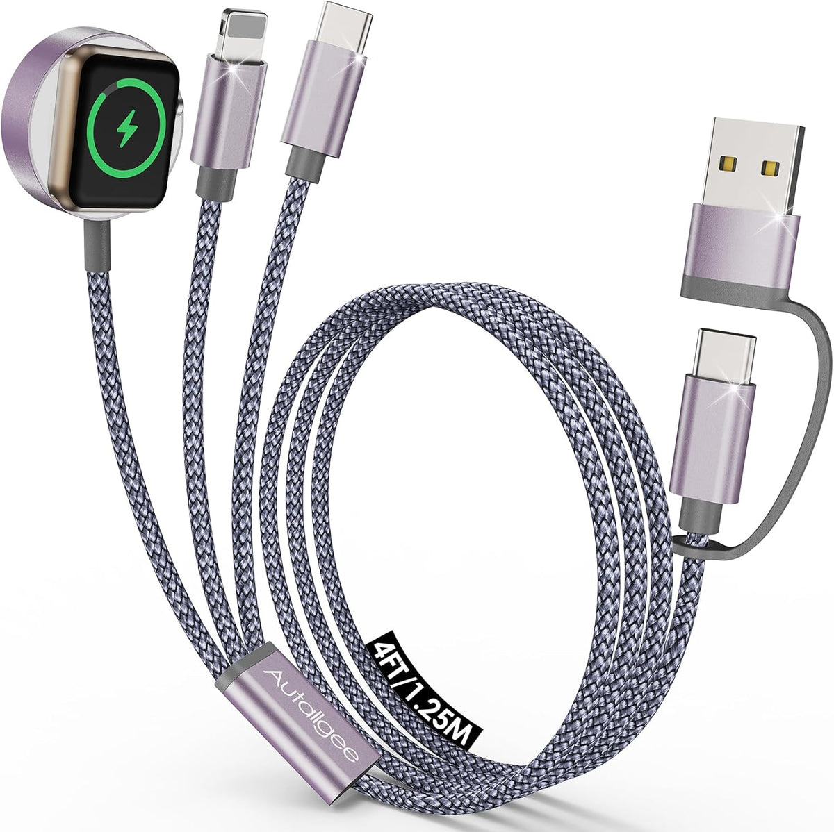 Travel Essentials,Multi Charging Cable for Apple Watch Charger/iPhone Charger/Samsung Charger,Airplane Gadgets RV Essentials for iWatch Ultra/10-2/iPhone 17-11/Samsung S25-S20,airPods,Car-4FT Gray