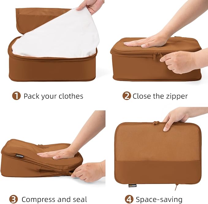 4 Piece Compression Packing Cubes for Suitcases and Backpack, Lightweight Travel Organizer Bags (Light Brown)