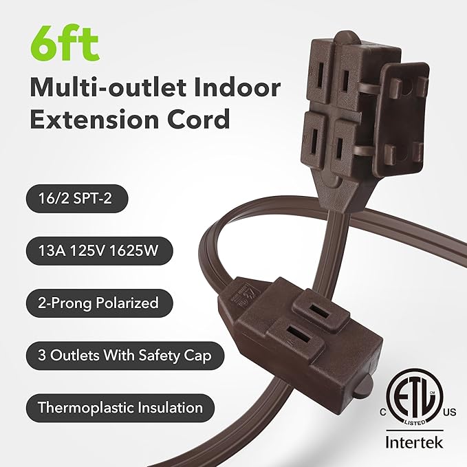 BN-LINK 6ft Indoor Extension Cord, 2 Pack, 3-Outlet Polarized Flat Cable, Household Power Cord for Home, Office, and Holiday Decorations, Brown